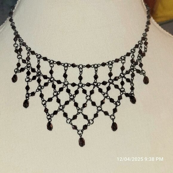 Gothic Victorian Beaded Bib Necklace Cascading Glass Ruby Colored Facets - Picture 4 of 5